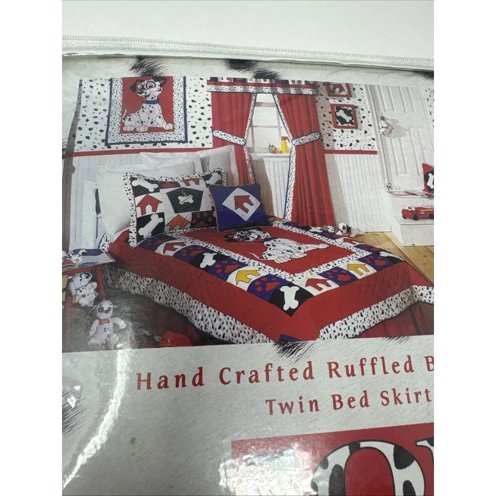 Vintage Disney 101 Dalmatians Dog Kids Twin Bed Skirt Ruffle black white red NEW